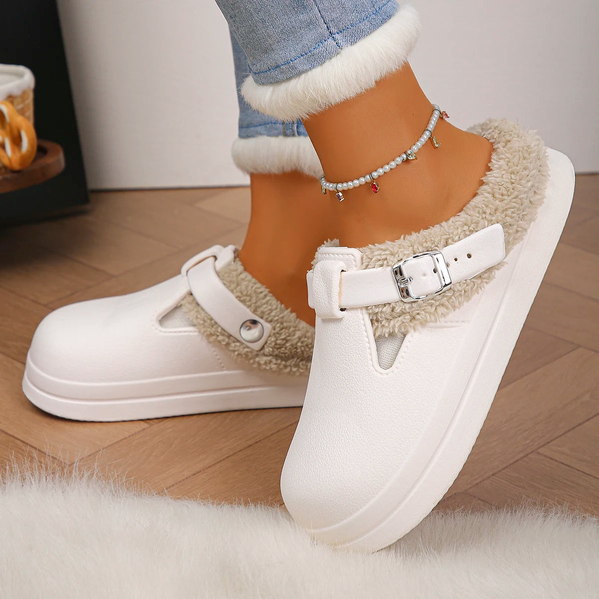 Waterproof Eva Furry Mules Slippers Women Winter Metal Buckle