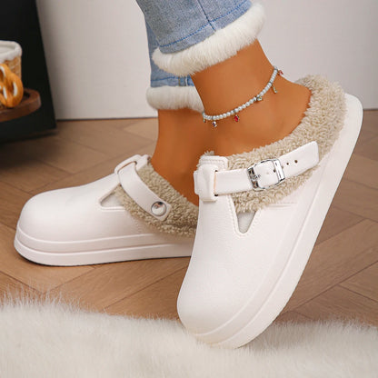 Waterproof Eva Furry Mules Slippers Women Winter Metal Buckle