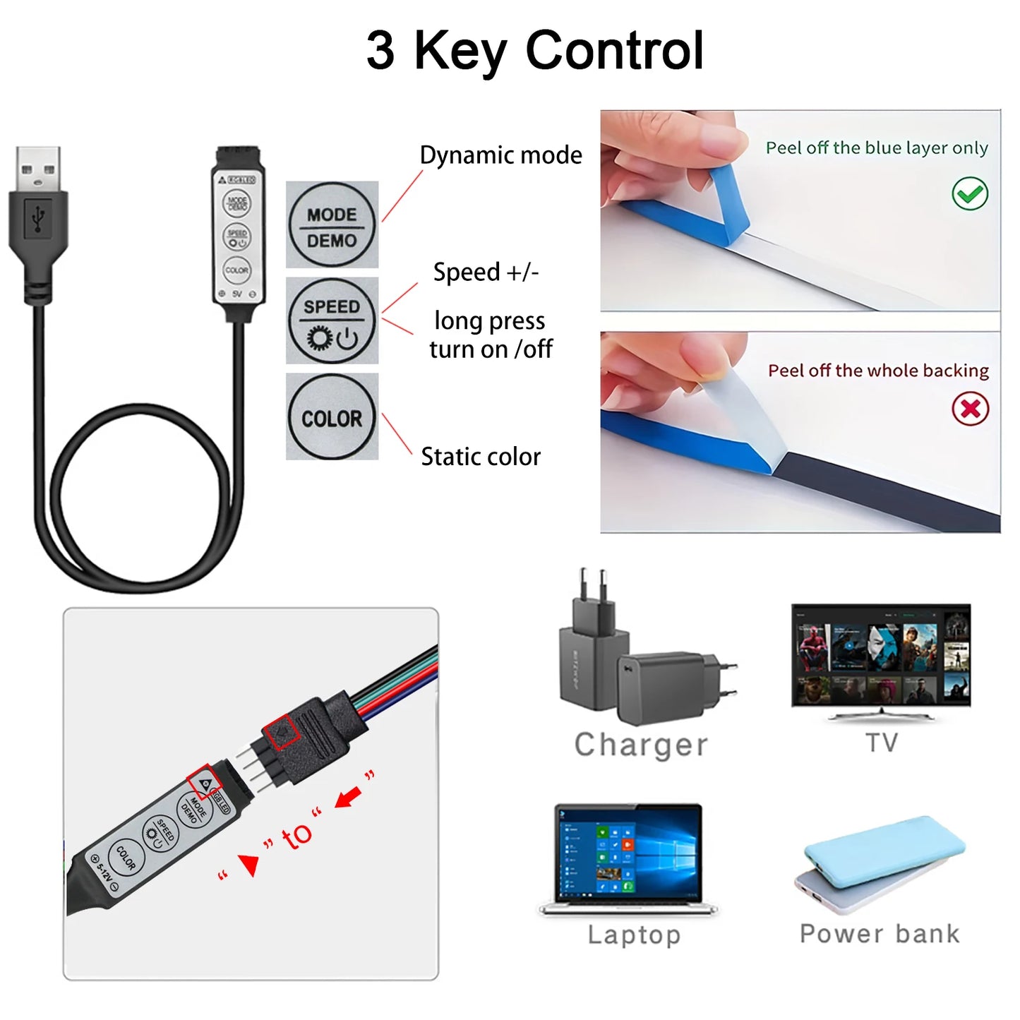 Led Lights for TV 3 Key Control Led Strip USB 5V Tape Lights