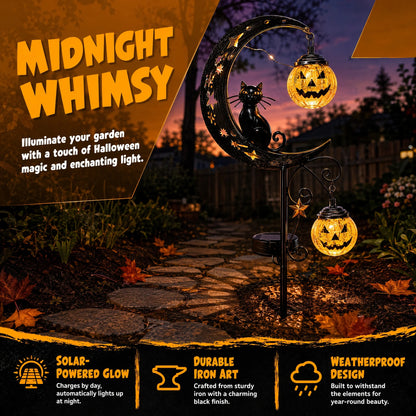 Halloween Solar Garden Stake Light Black Cat On Moon