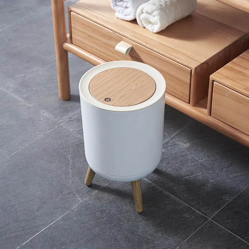 7L Round Wood Grain Trash Can Press Type Garbage Can
