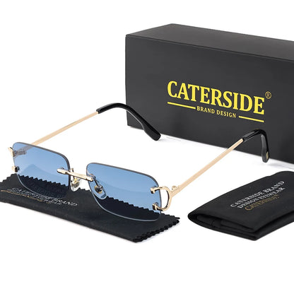 Blue Rectangular Sunglasses Men Rimless Metal Fashion
