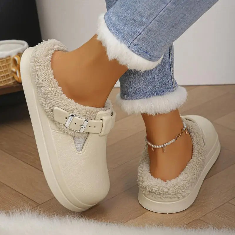 Waterproof Eva Furry Mules Slippers Women Winter Metal Buckle