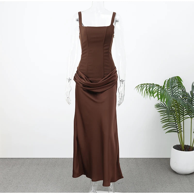 Solid Pleated Sling Dress Women Square Neck Sleeveless