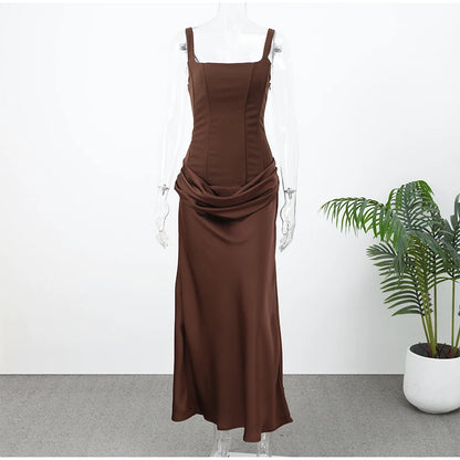 Solid Pleated Sling Dress Women Square Neck Sleeveless