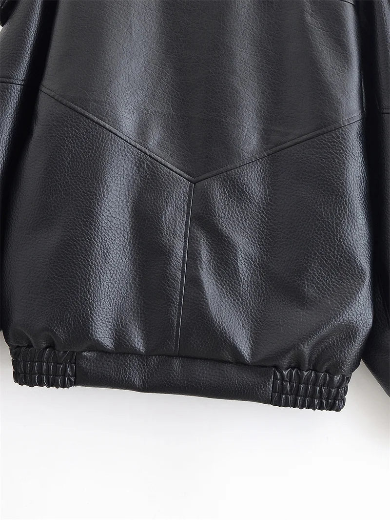 Women's Jacket Fall New Black Long Sleeve Pebble Faux