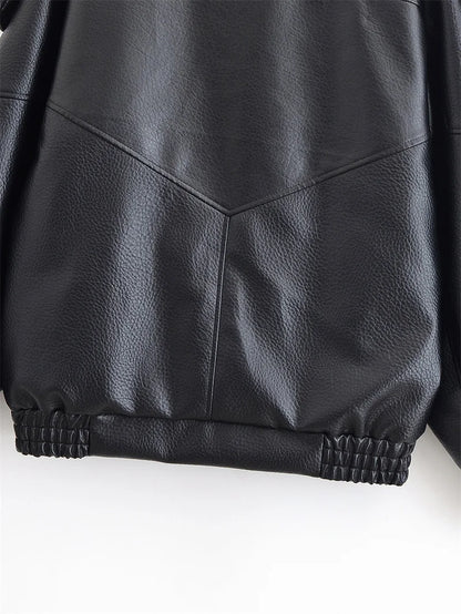 Women's Jacket Fall New Black Long Sleeve Pebble Faux