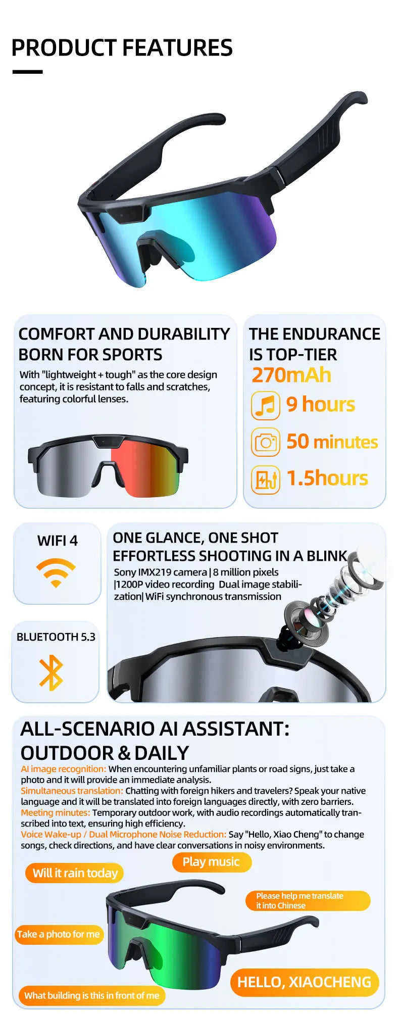 AI Smart Glasses ChatGPT 1200P Camera 30MP Anti-shake