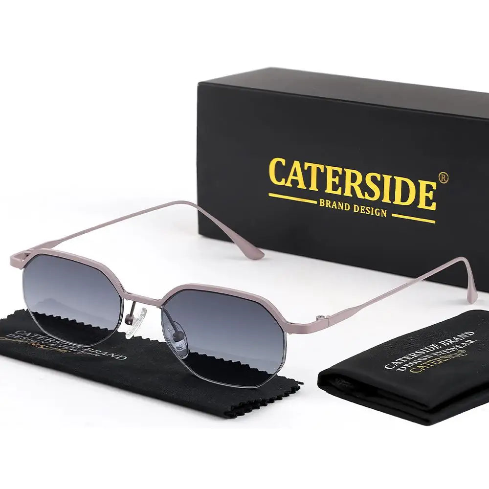 Retro Polygon Sunglasses Men Metal Semi Rimless
