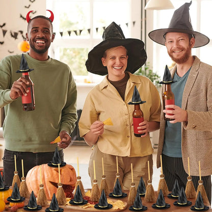 10-50Pcs Mini Witch Hat with Mini Broom Miniature Straw Brooms with Red Rope