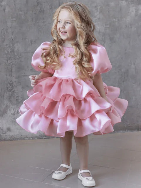 Girls Creamy-white Bow Short Sleeve High-End Dress