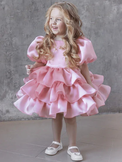 Girls Creamy-white Bow Short Sleeve High-End Dress