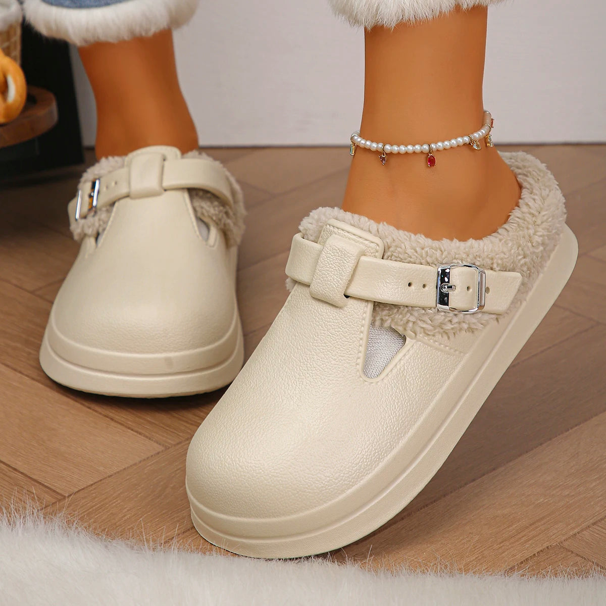 Waterproof Eva Furry Mules Slippers Women Winter Metal Buckle