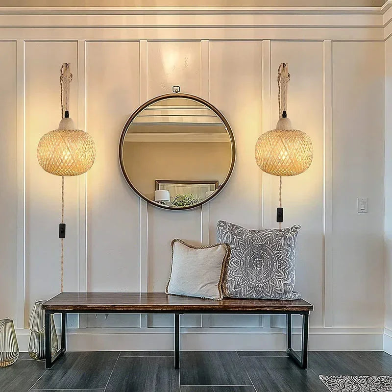 Bamboo Lantern Wall Lamp Natural Rattan Wicker E27 Chandeliers