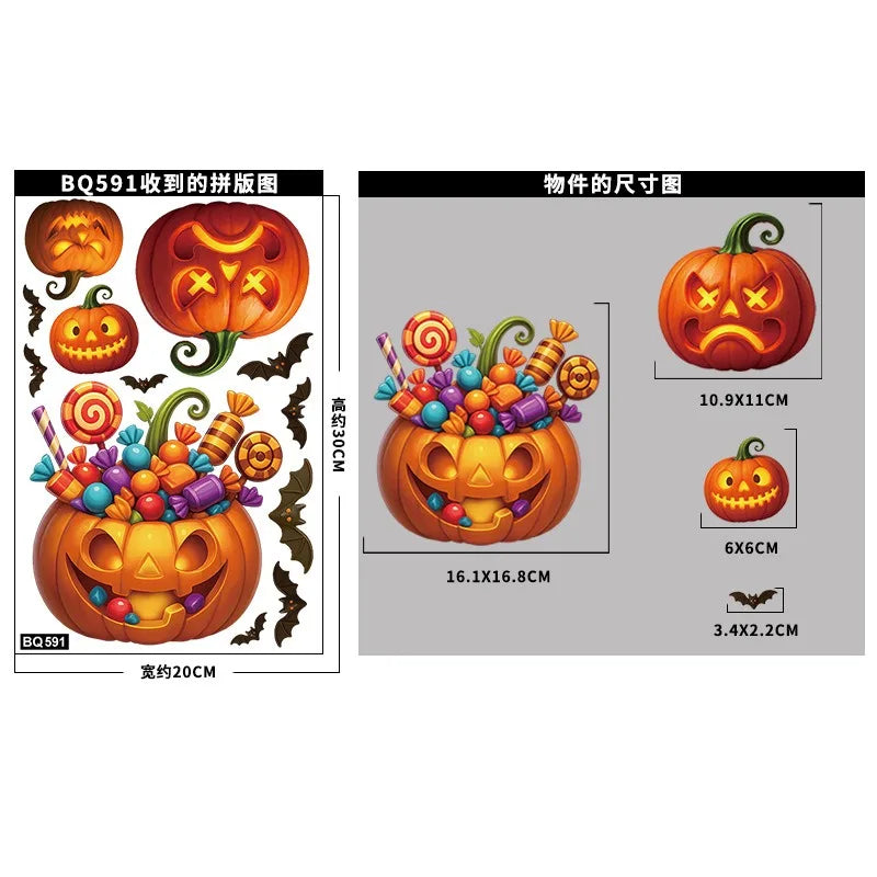 Halloween Window Glass Stickers Cartoon Pumpkin Lantern Candy Bat