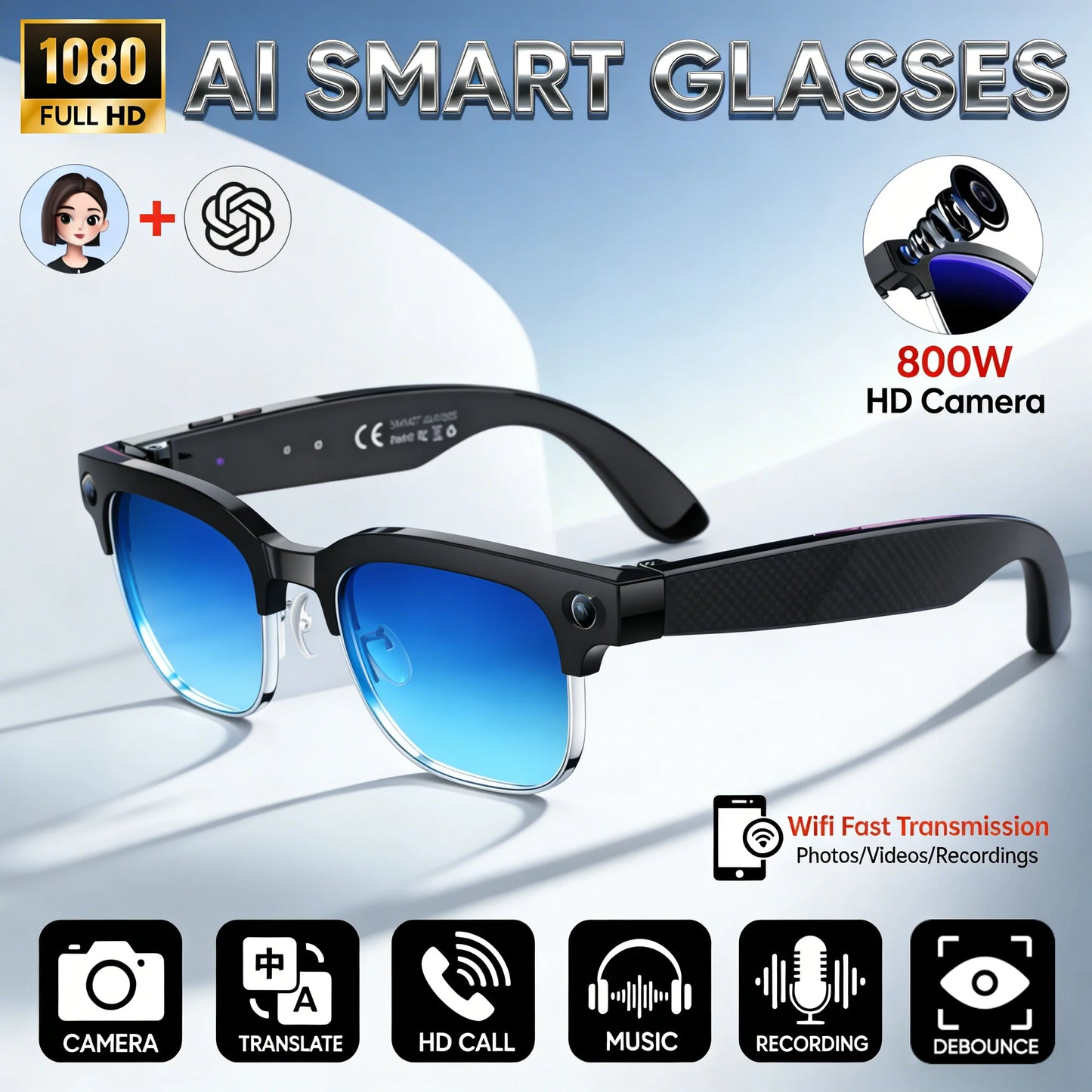 New 4K Ultra HD Color Change BT Call Smart Glasses AI Chat