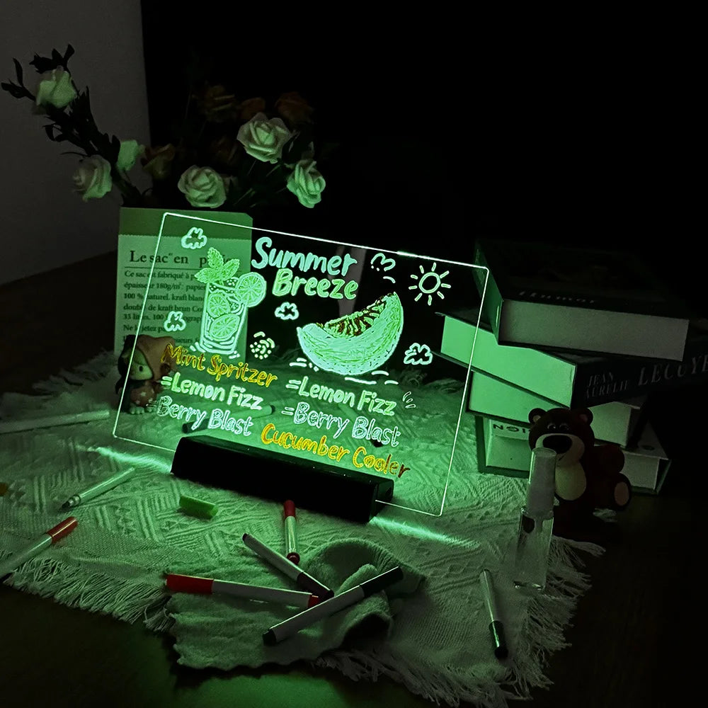 LED Note Board DIY Acrylic Night Light 7 Pens Drawing Board