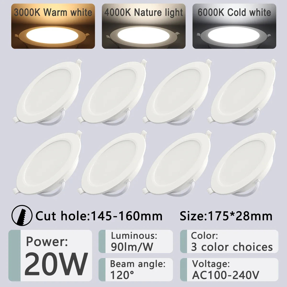 8Pack Round Led Panel Light Recessed Led Downlight Lighting