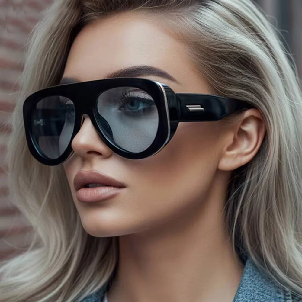 Vintage thick frame stripe oval sunglasses for women