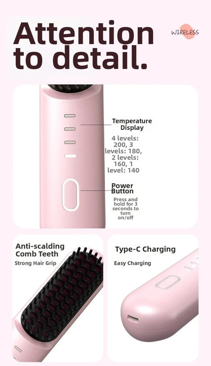 Cordless Hair Straightener Brush 4 Temp Settings Ceramic