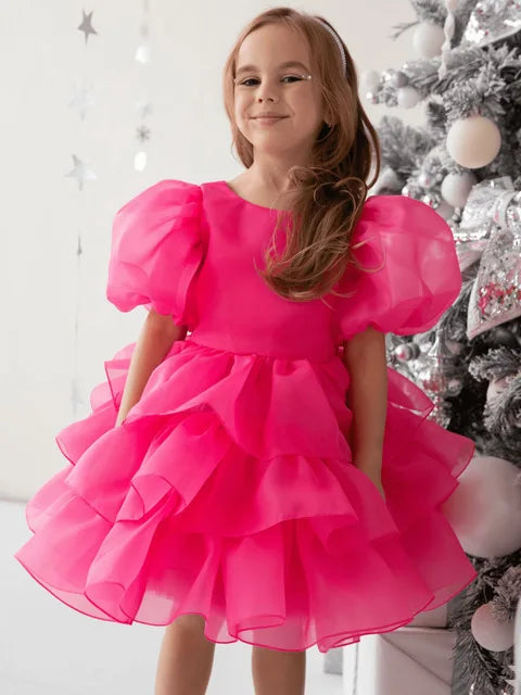 Girls Creamy-white Bow Short Sleeve High-End Dress