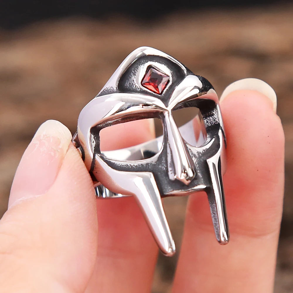 Punk Vintage Stainless Steel MF DOOM Mask Rings With Red Stone