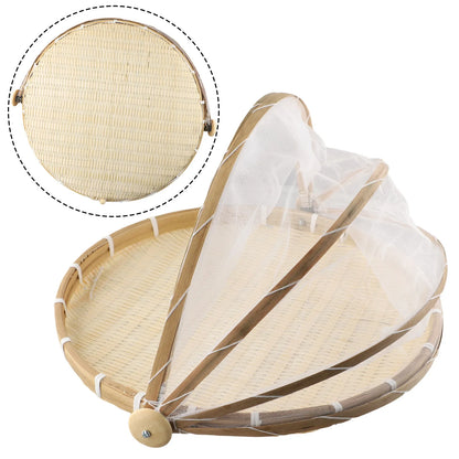 Handmade Bamboo Basket With Net Mesh Cover Kitchen Bread