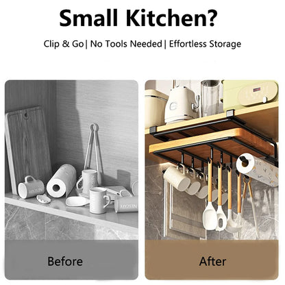 Kitchen Hanging Organizer Rack with Hooks Under Cupboard Paper Towel Rags
