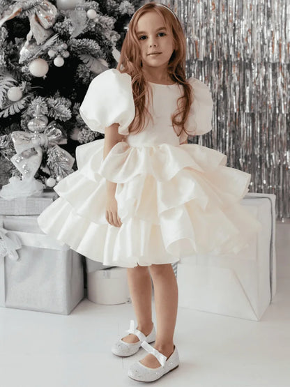 Girls Creamy-white Bow Short Sleeve High-End Dress