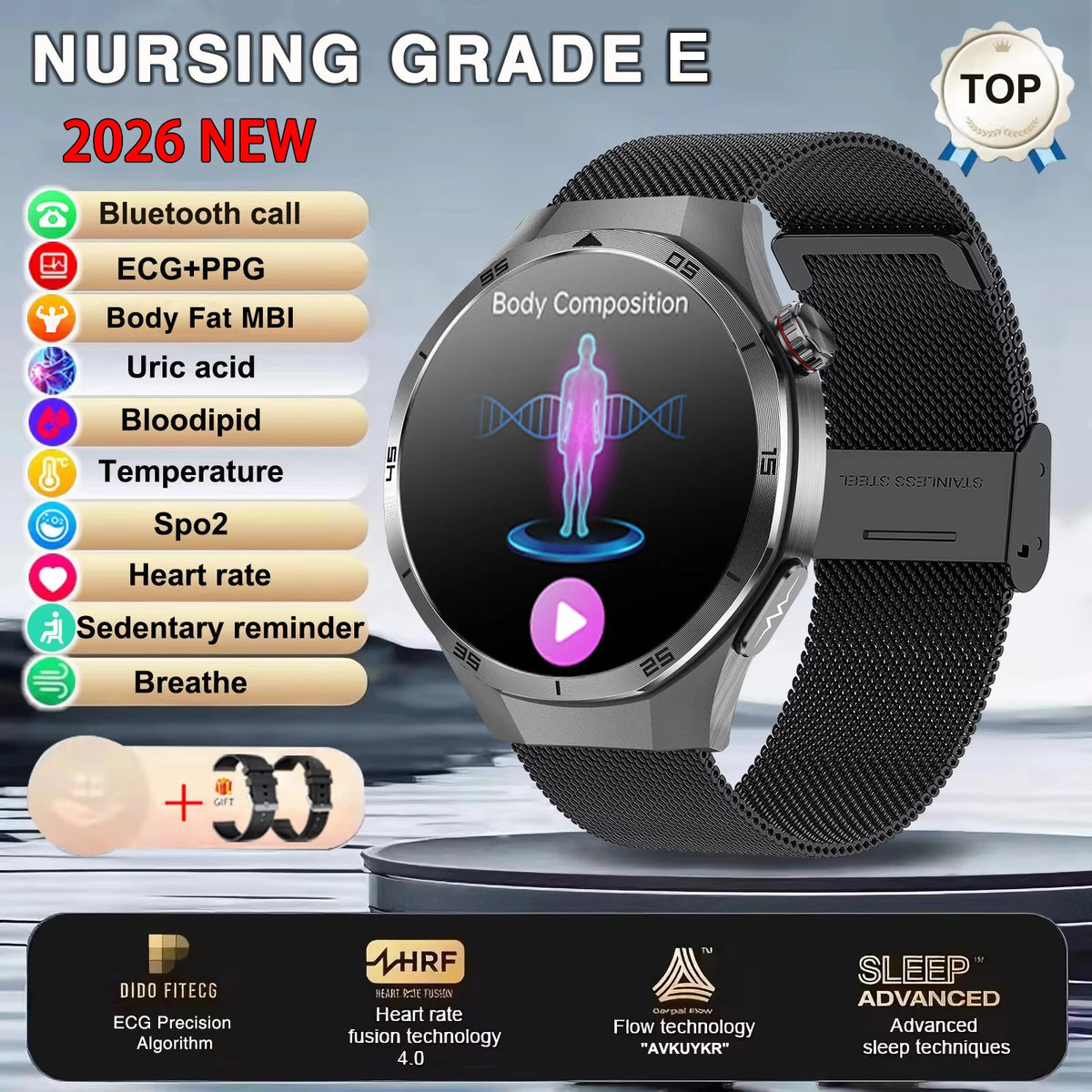 New Nursing Grade ECG+PPG Smart Watch Health Analysis