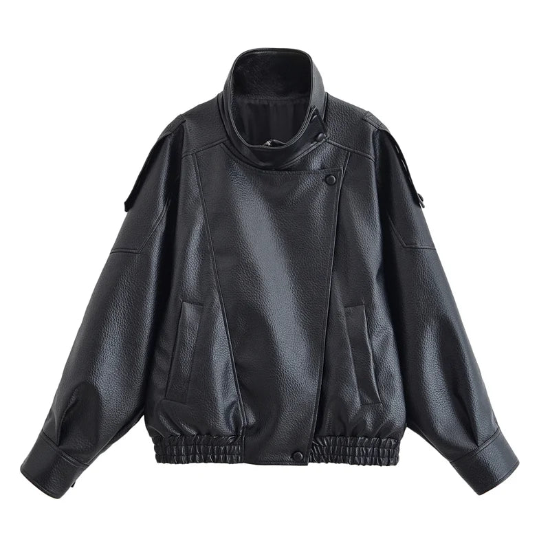 Women's Jacket Fall New Black Long Sleeve Pebble Faux
