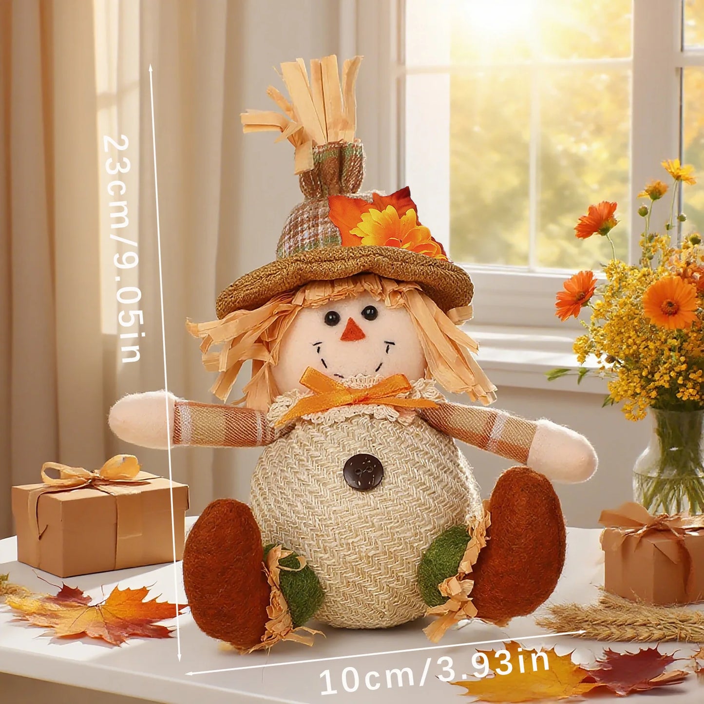 Rustic Autumn Harvest Scarecrow Decor, Plaid & Sunflower Accents for Thanksgiving,