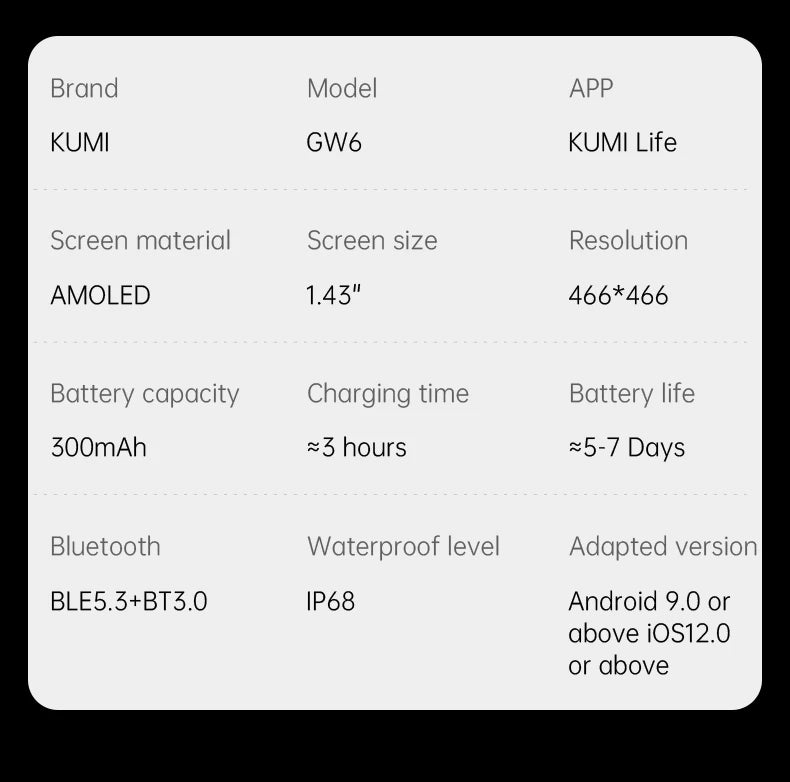 KUMI GW6 Smart Watch 1.43" AMOLED AI ChatGPT Bluetooth