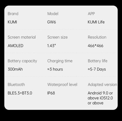 KUMI GW6 Smart Watch 1.43" AMOLED AI ChatGPT Bluetooth