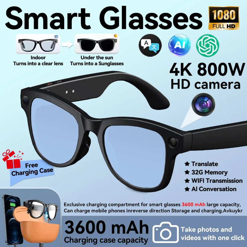 3600mAh Power Bank Smart Glasses 800W 4K HD Pixel Translation