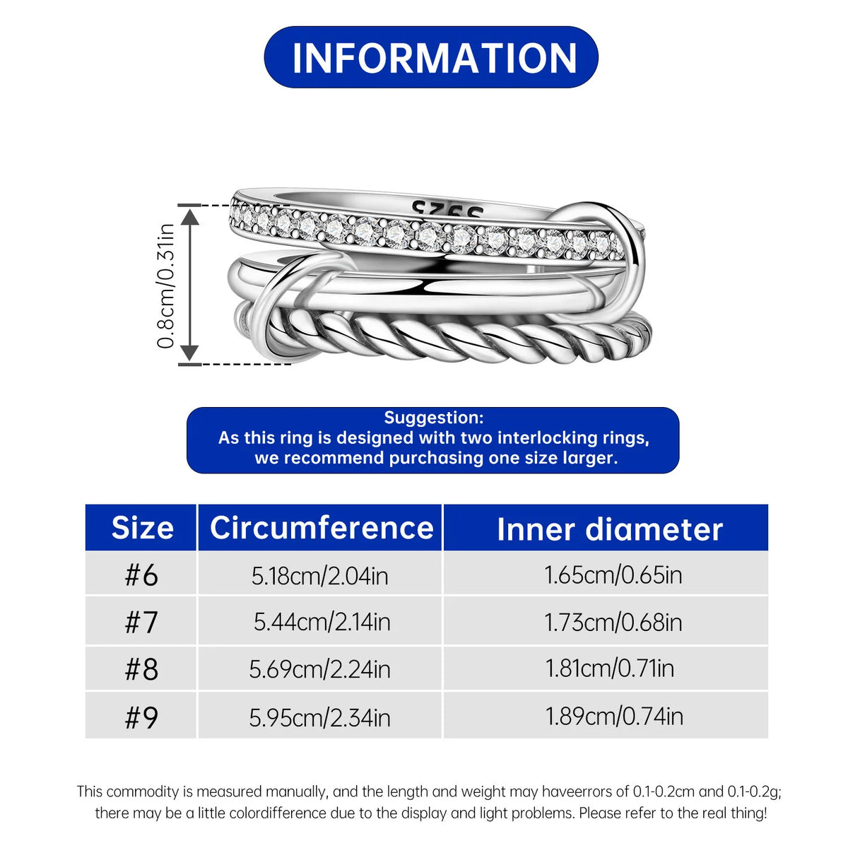 925 Sterling Silver Three-Ring Stackable Ring for Women