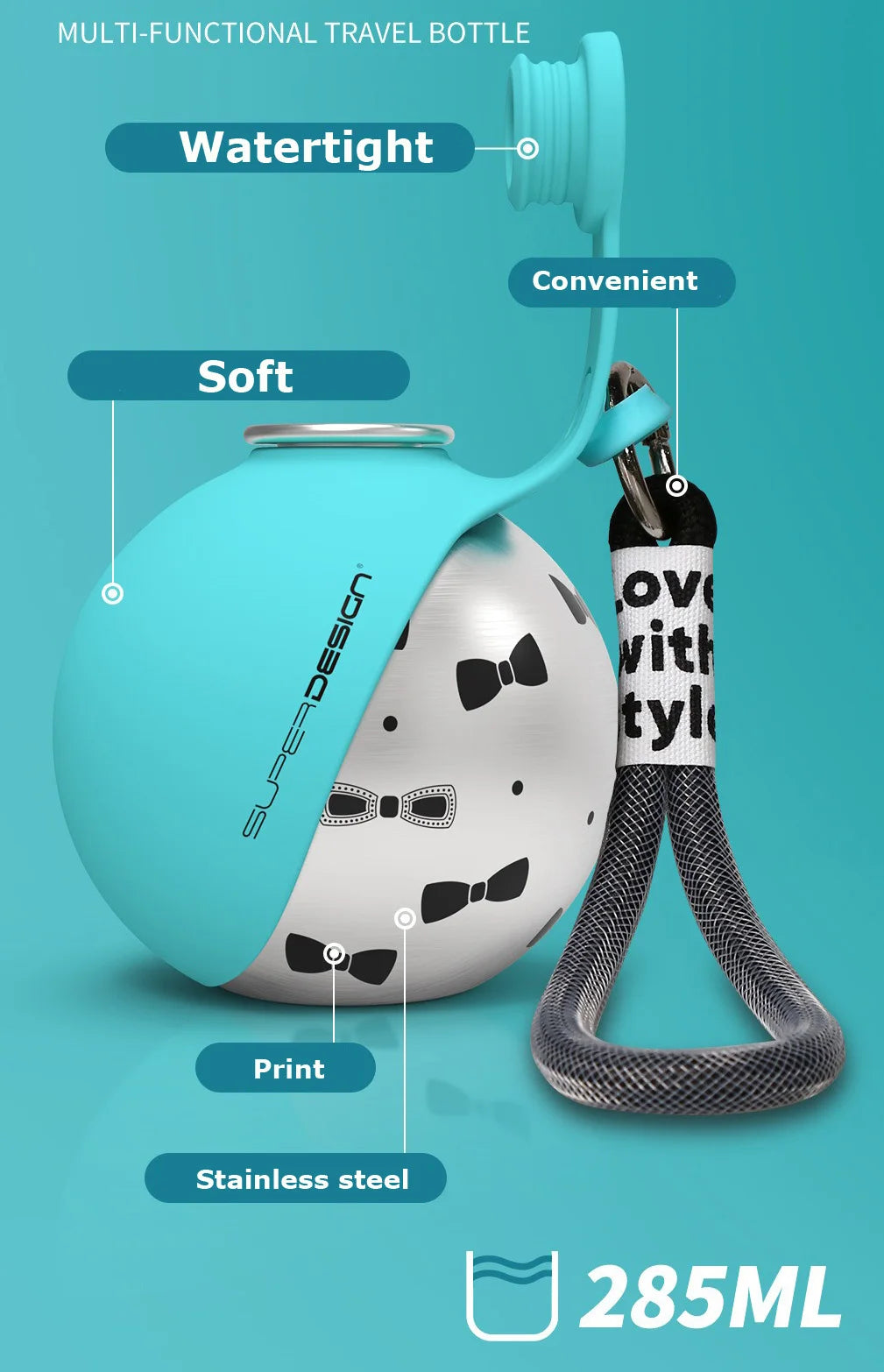 Small Dog Water Bottle 285ML Stainless Steel/PETG Convenient