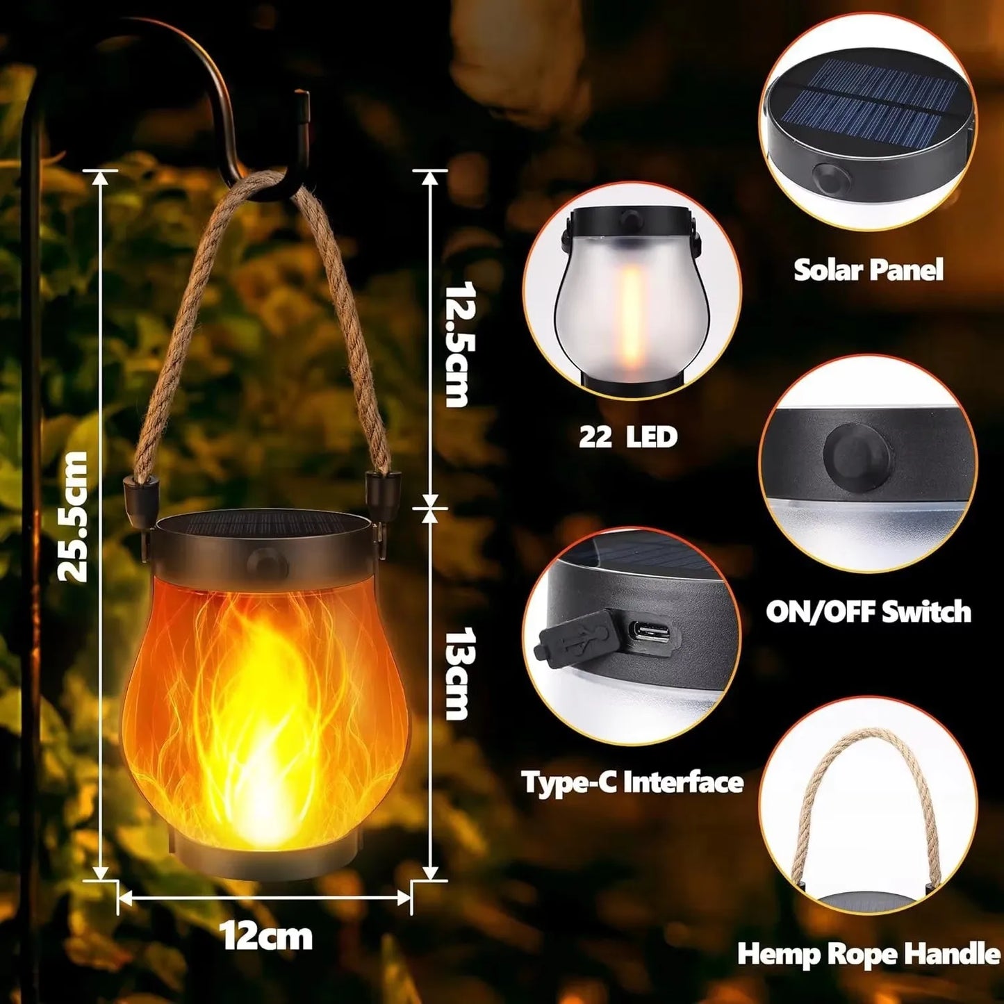 Solar Flame Rope Lantern Type-C Fast Charging Waterproof Hanging Lamp