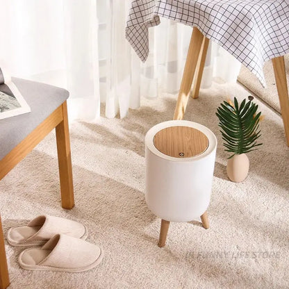 7L Round Wood Grain Trash Can Press Type Garbage Can