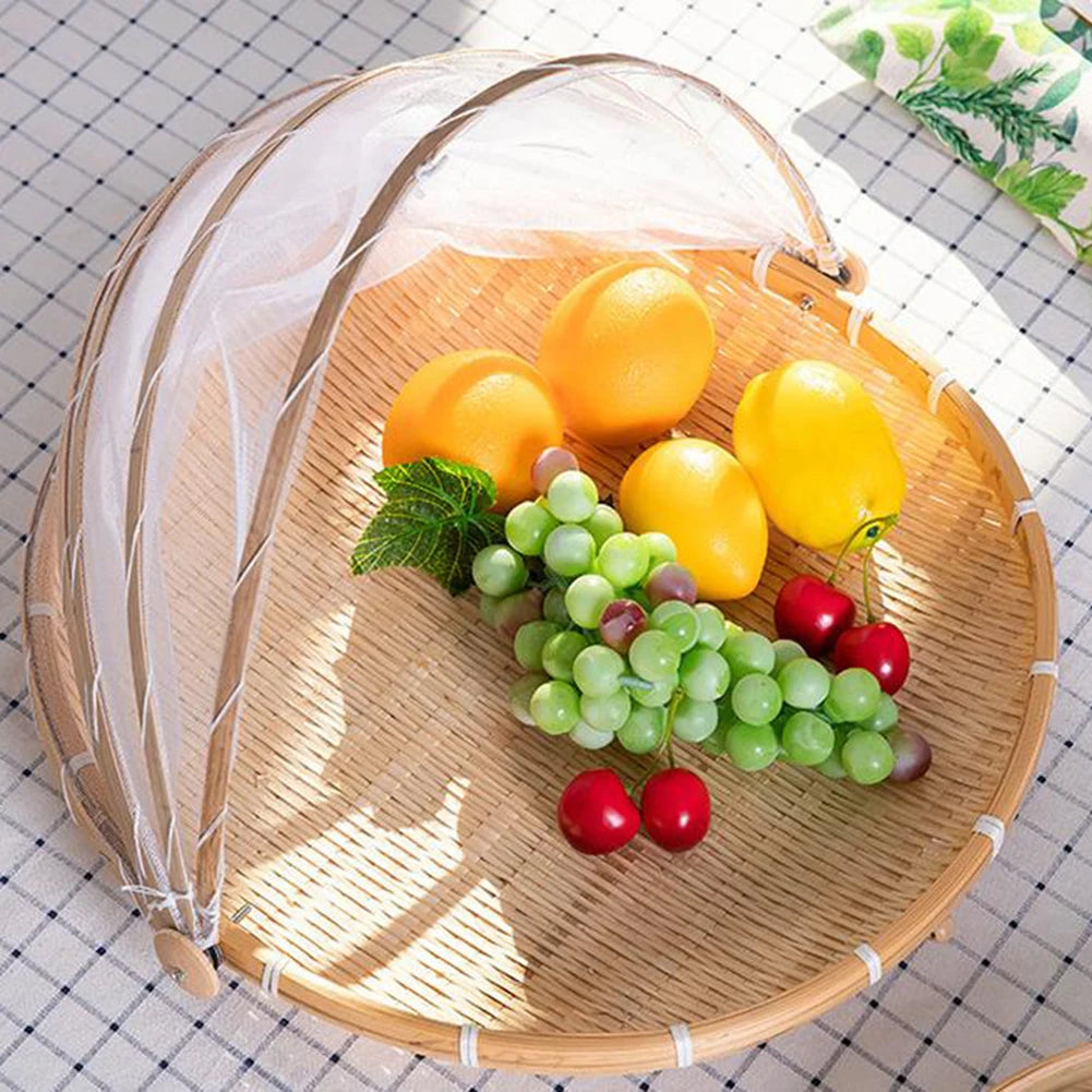 Handmade Bamboo Basket With Net Mesh Cover Kitchen Bread
