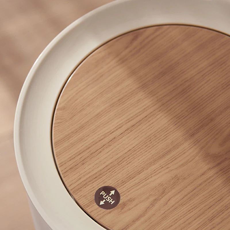 7L Round Wood Grain Trash Can Press Type Garbage Can