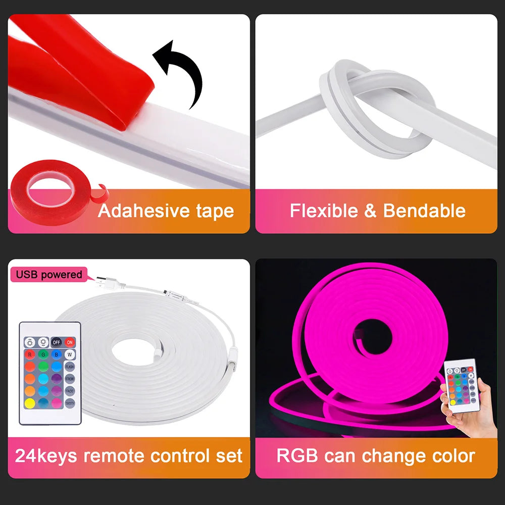 5V USB RGB LED Neon Strip Light 24key Remote Control