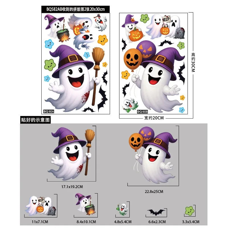Halloween Window Glass Stickers Cartoon Pumpkin Lantern Candy Bat