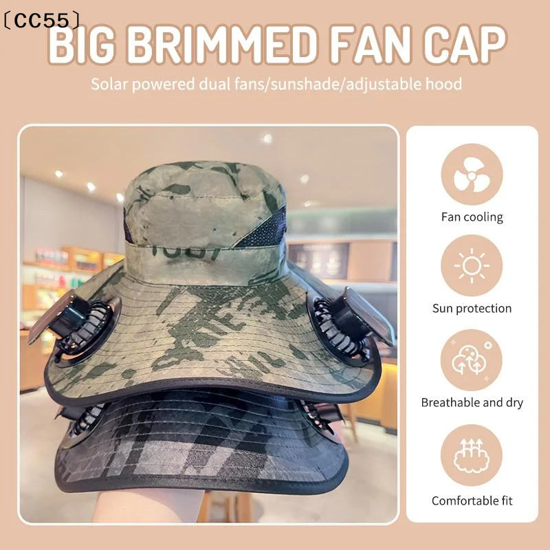 Large Size Quick Dry Bucket Hat With Solar Powered Fan USB Charging