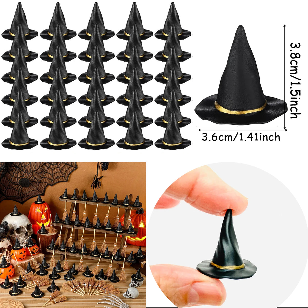 10-50Pcs Mini Witch Hat with Mini Broom Miniature Straw Brooms with Red Rope
