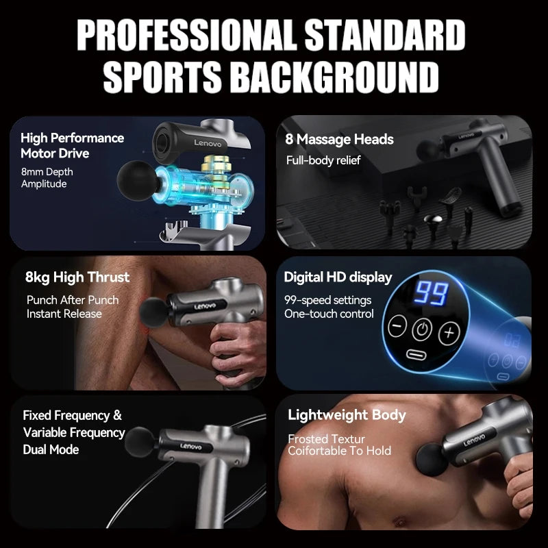 Lenovo Powerful Wireless Massager Gun 8 Massage Heads