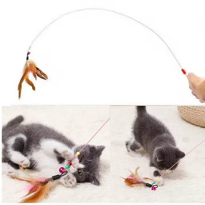 360 Degree Rotating Cat Teaser Wand with Feather Bell Wire