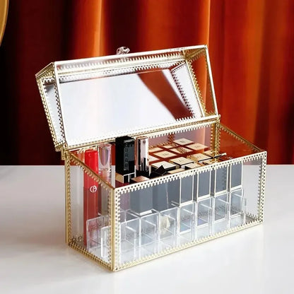 Golden Makeup Organizer Storage Box Glass Cosmetic