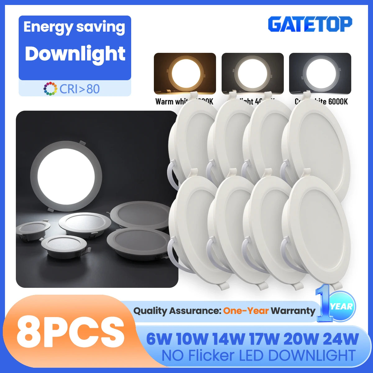 8Pack Round Led Panel Light Recessed Led Downlight Lighting