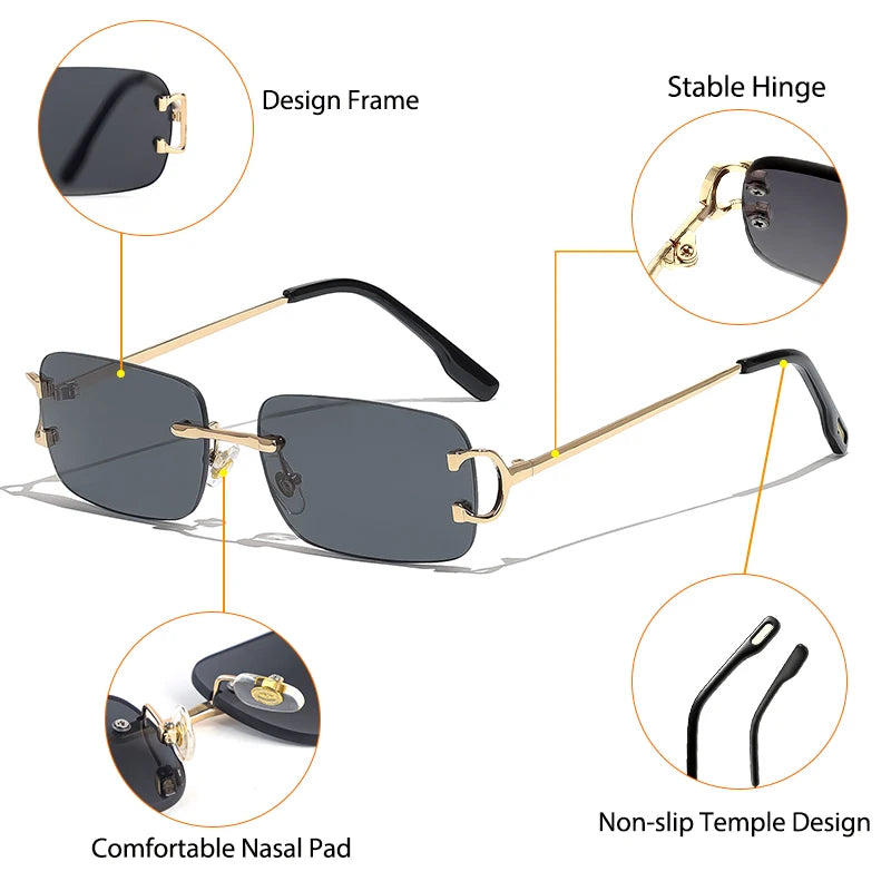 Blue Rectangular Sunglasses Men Rimless Metal Fashion